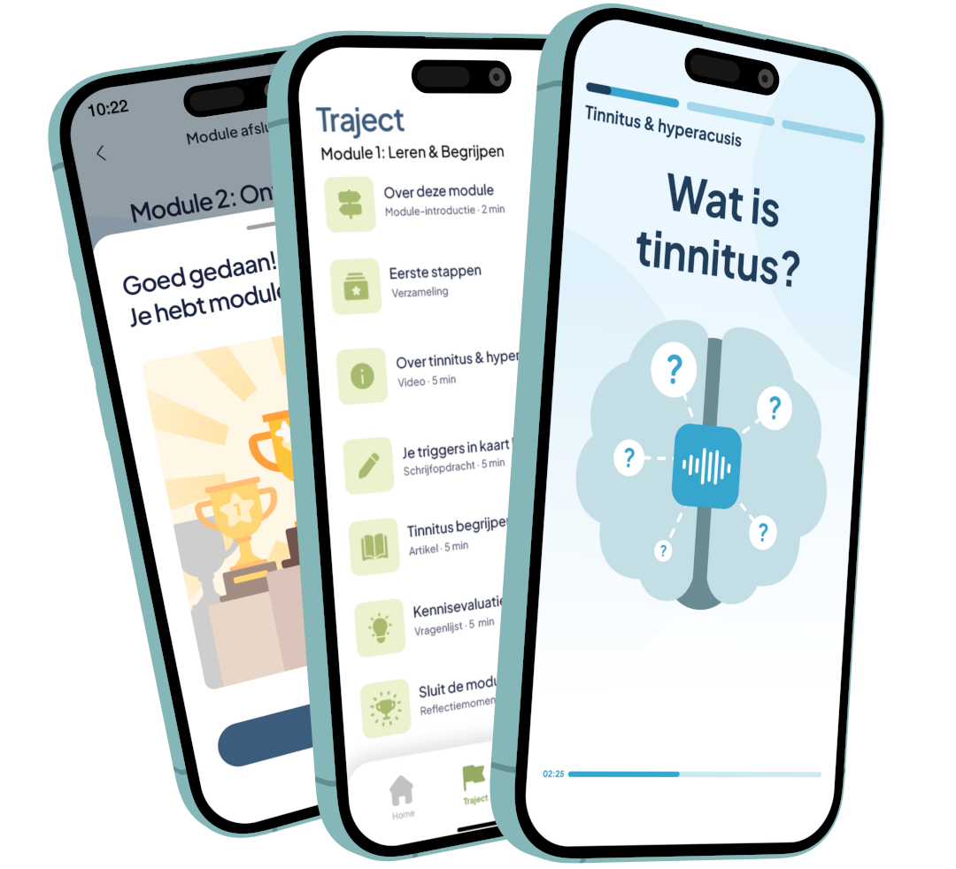 Drie schermen uit de Tinzo-app: uitleg over tinnitus, jouw traject en een afgeronde module