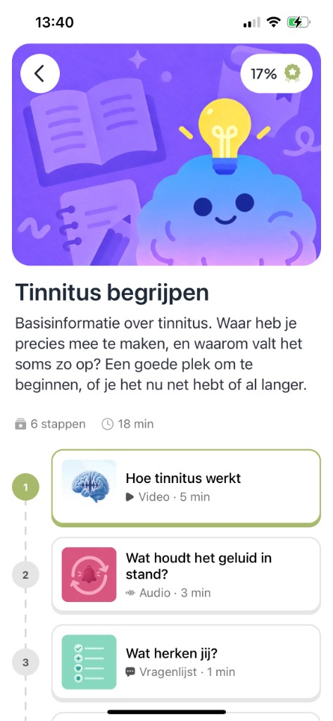 Homescherm van de Tinzo-app met dagboekstreak en trajectmodules